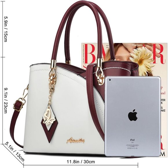Women’s Tp Wine White PU Leather Tote Satchel | Crossbody Shoulder Handbag - Picture 6 of 7